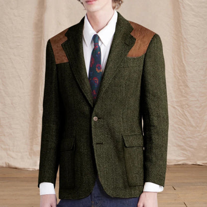 Vintage Men's Herringbone Tweed Blazer Suede Shoulder Patch Notch Lapel Slim Fit Jacket Casual Business Suit Sport Coat for Men