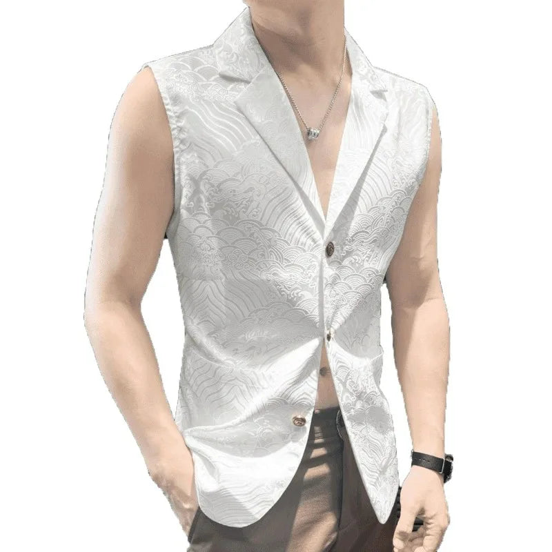 Man Suit Vest Vintage Printed Turn Down Collar Male Waistcoat Thin Slim Single-breasted Sleeveless Casual Men Vest