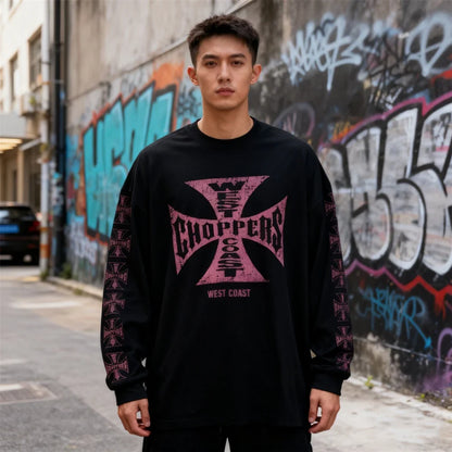 American Style Streetwear Quality Waffle Fabric Printed Tops Oversized Long Sleeves Tee 100%Cotton Vintage T Shirt Men Woman