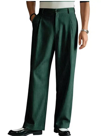 Vintage Men Pants Thin Slacks Business Striped Trousers High Waist Pleated Wide Leg Loose Straight Casual Office Wedding
