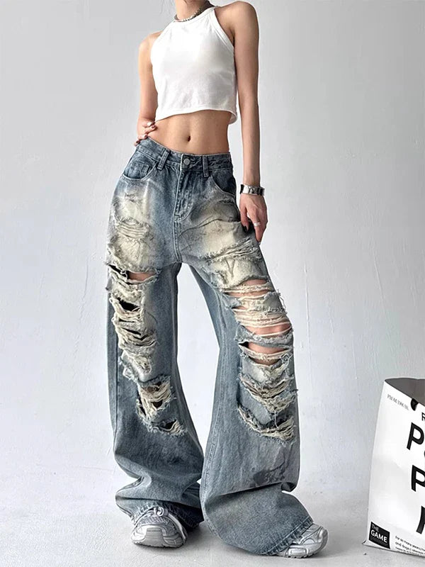 American Sle Trendy Girl Destroyed Denim Jeans Women Loose Wide Leg Straight Cut Floor-Length Pants High Waist Casual Jeans