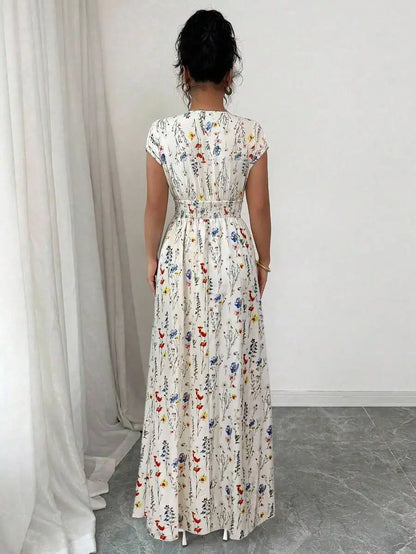 Women's Ditsy Floral V-Neck Sleeveless Waisted Maxi Dress