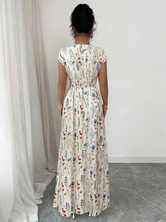Women's Ditsy Floral V-Neck Sleeveless Waisted Maxi Dress