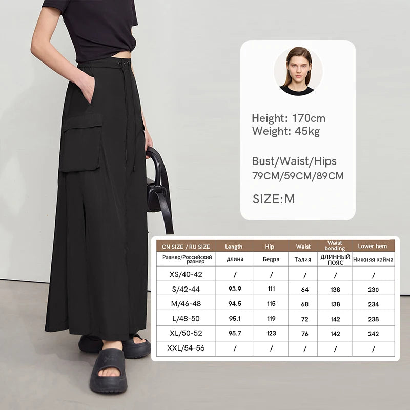 Vacation Long Skirt 2025 Summer Women Loose Sun Protection Office Lady Solid Pockets Elastic Waist Cord Slit Skirt 12542106