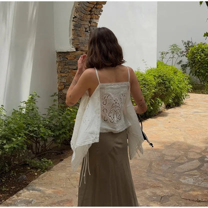 Thin Strap Square Neck Hollow Embroidery Women Cami Top Back Self Tie String Irregular Asymmetrical Lace Hem Loose Cropped Tank
