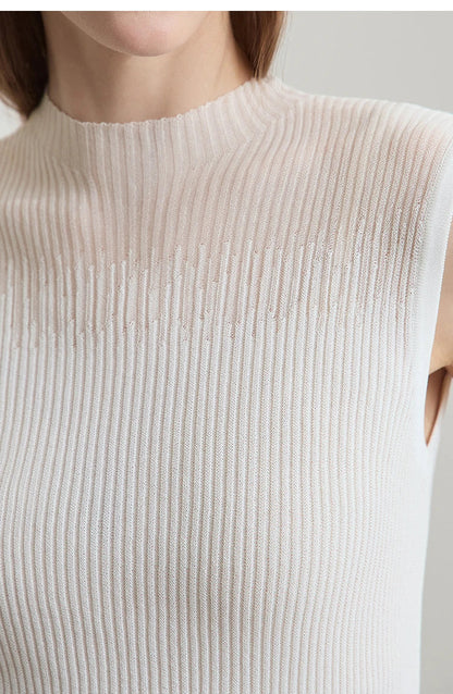 Women Top Minimalist Summer New Solid Color Mock Neck Sleeveless Slim Elastic Double Curved Yarn Knitted Camisole 12542249