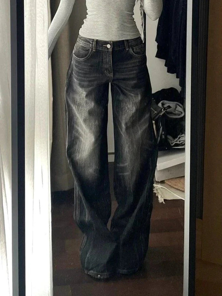 2025 Autumn Winter Women's Black Denim Pants Low Rise Y2K Baggy Jean Japanese Dark Academia Cowboy Harajuku Grunge Stacked Jeans