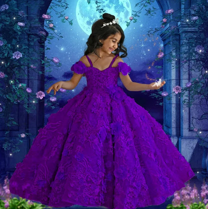 Lavender Flower Girl Dresses for Wedding Floral Appliques Bead Floor Length Girl Kids Birthday Party First Holy Communion Gowns