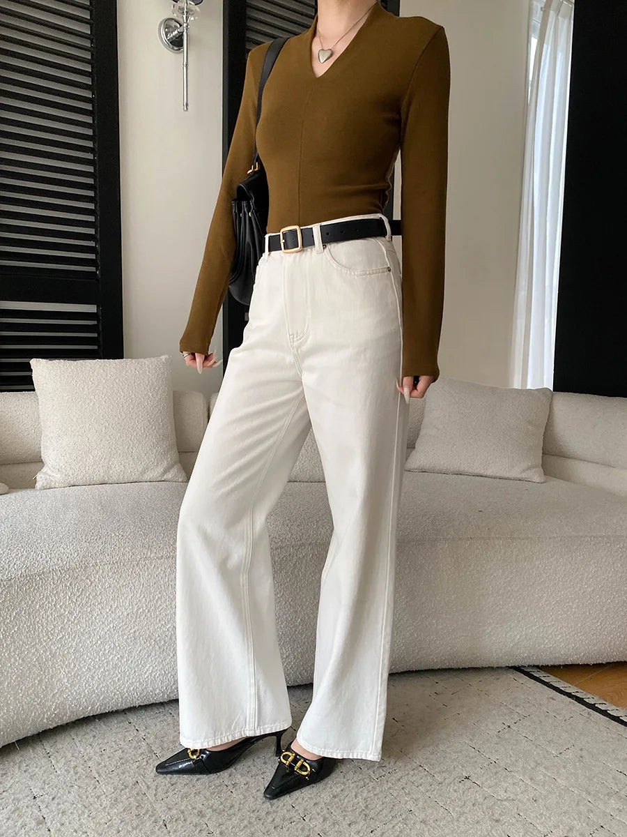 Spring women's fashionable and simple commuting temperament, high waist wide leg straight leg slimming jeans