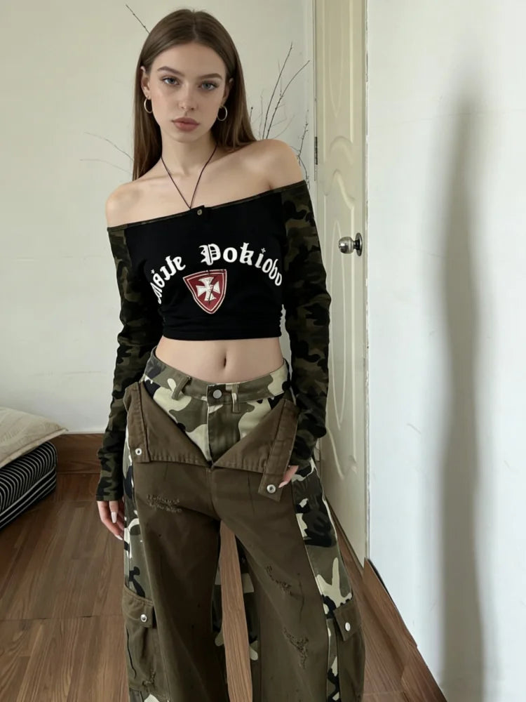 Women Brown Camouflage Patchwork Ripped Cargo Jeans Harajuku Vintage Baggy Denim Trousers Japanese 2000s Y2k Ripped Jeans Pants