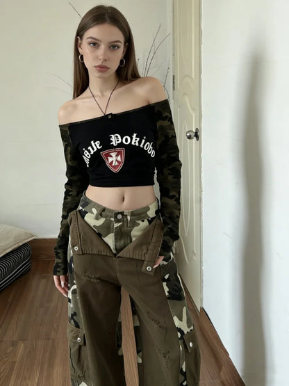 Women Brown Camouflage Patchwork Ripped Cargo Jeans Harajuku Vintage Baggy Denim Trousers Japanese 2000s Y2k Ripped Jeans Pants