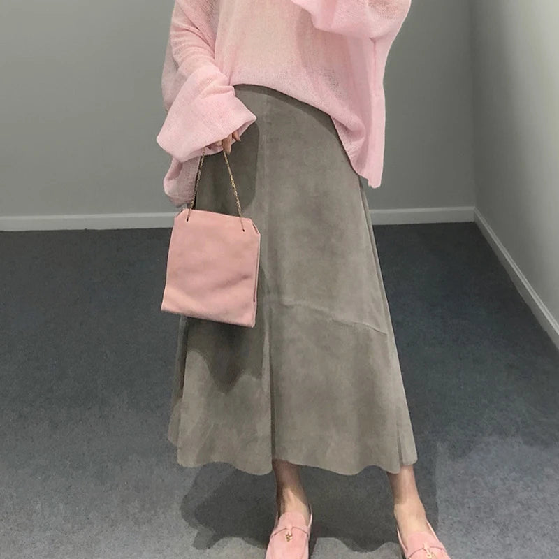 تنورة نسائية من جلد الغزال الأرجواني موضة 2025 لربيع Harajuku بحافة كبيرة طول 85 سم تنانير نسائية أنيقة بوهيمية فستان جلدي 100%