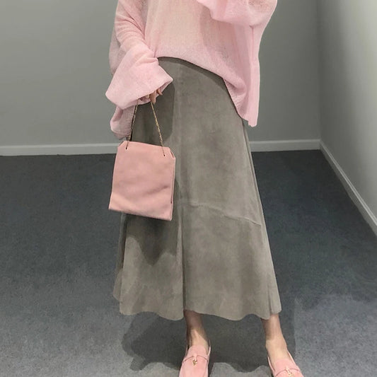 تنورة نسائية من جلد الغزال الأرجواني موضة 2025 لربيع Harajuku بحافة كبيرة طول 85 سم تنانير نسائية أنيقة بوهيمية فستان جلدي 100%