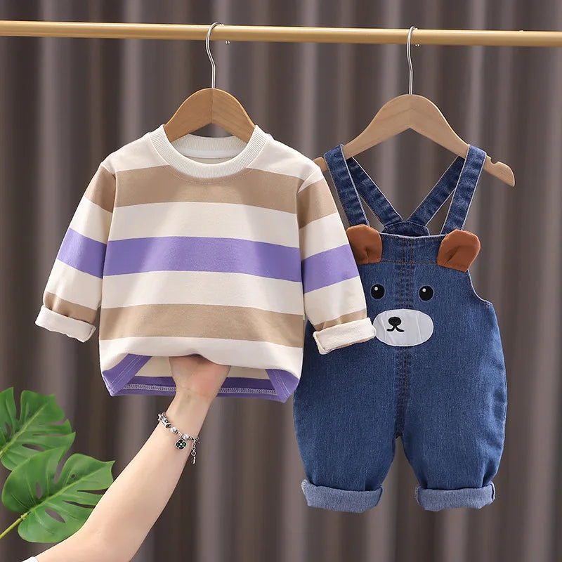 New Spring Autumn Baby Clothes Suit Children Boys Striped T-Shirt Overalls 2Pcs/Sets Infant Girls Clothing Set Kids Tracksuits