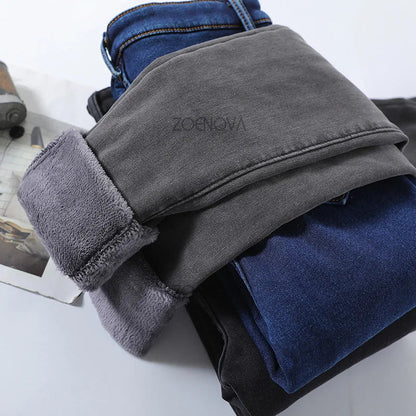 New Women Thick Velvet Jeans Fleece Warm Korean Fashion High Waist Skinny Elastic Pants Jean Casual Legging Winter 2023
