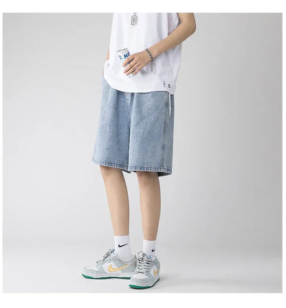 Wide Baggy Denim Shorts Men Summer Thin Solid Color Casual Loose Knee-length Pants Male Jeans Shorts Streetwear