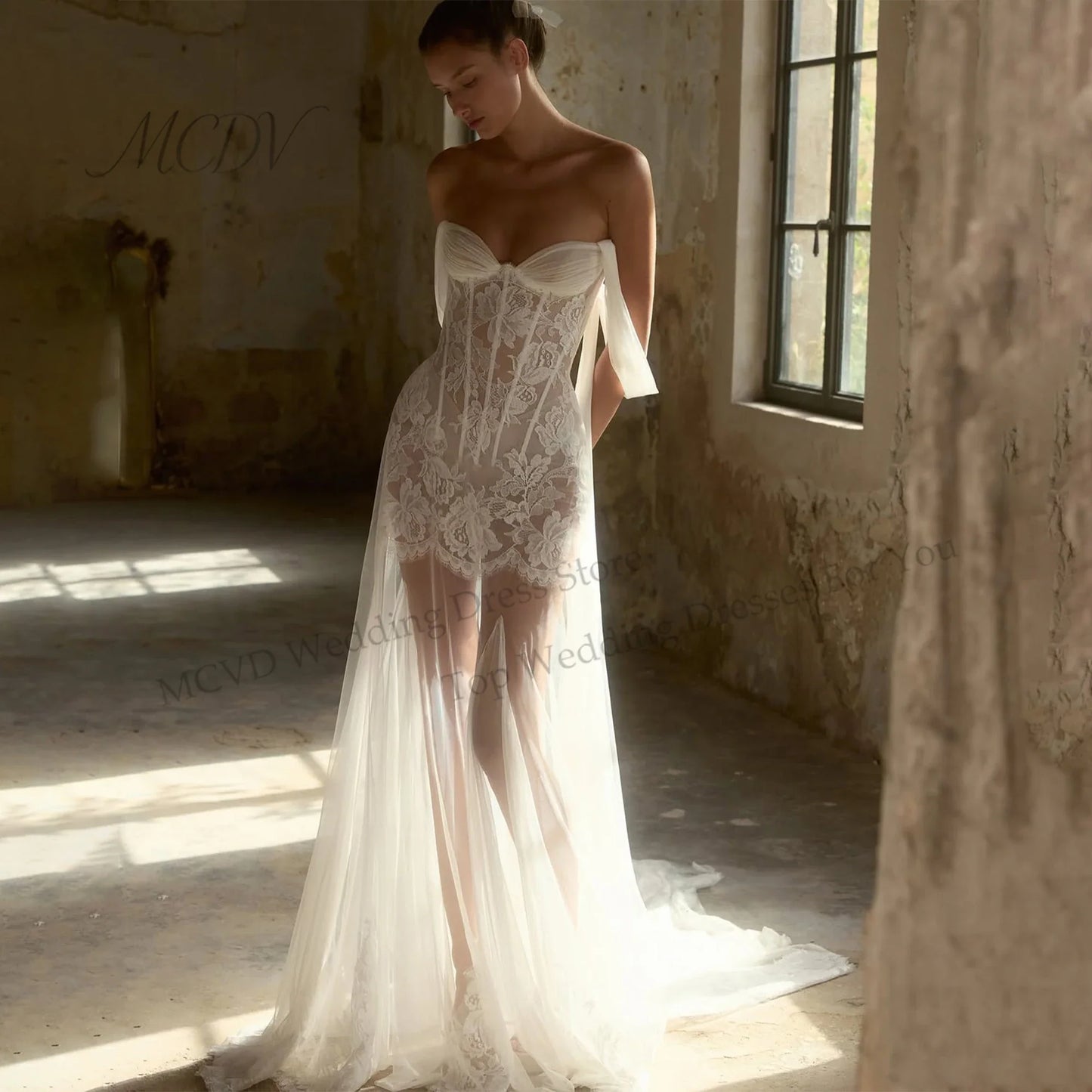 Strapless Tulle Lace Wedding Dress Off Shoulder Mermaid See Through Bridal Gown For Elopement Civil Beach Wedding Custmized
