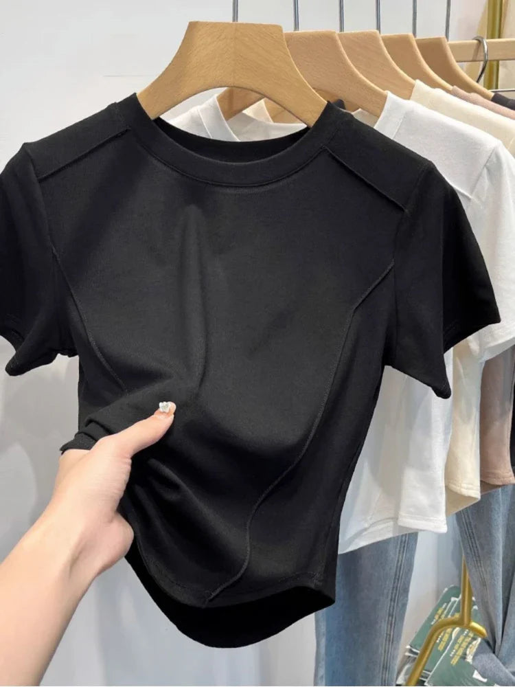2026 Summer White T-shirt Cotton Female Short-sleeved Student Versatile Slim T-shirt Harajuku Crop Top Trend