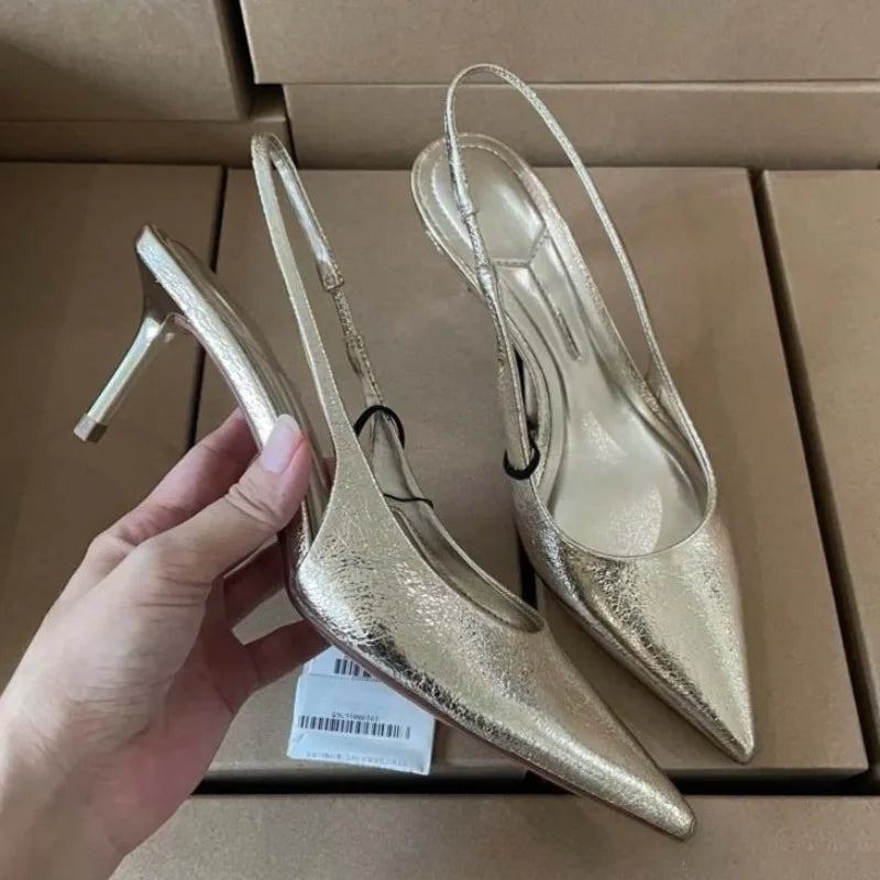 Slip on Women High Heels Office and Career Shoes Sexy Pointed Toe Concise Design Shiny Gold Evening Party Dress Slingback Pumps