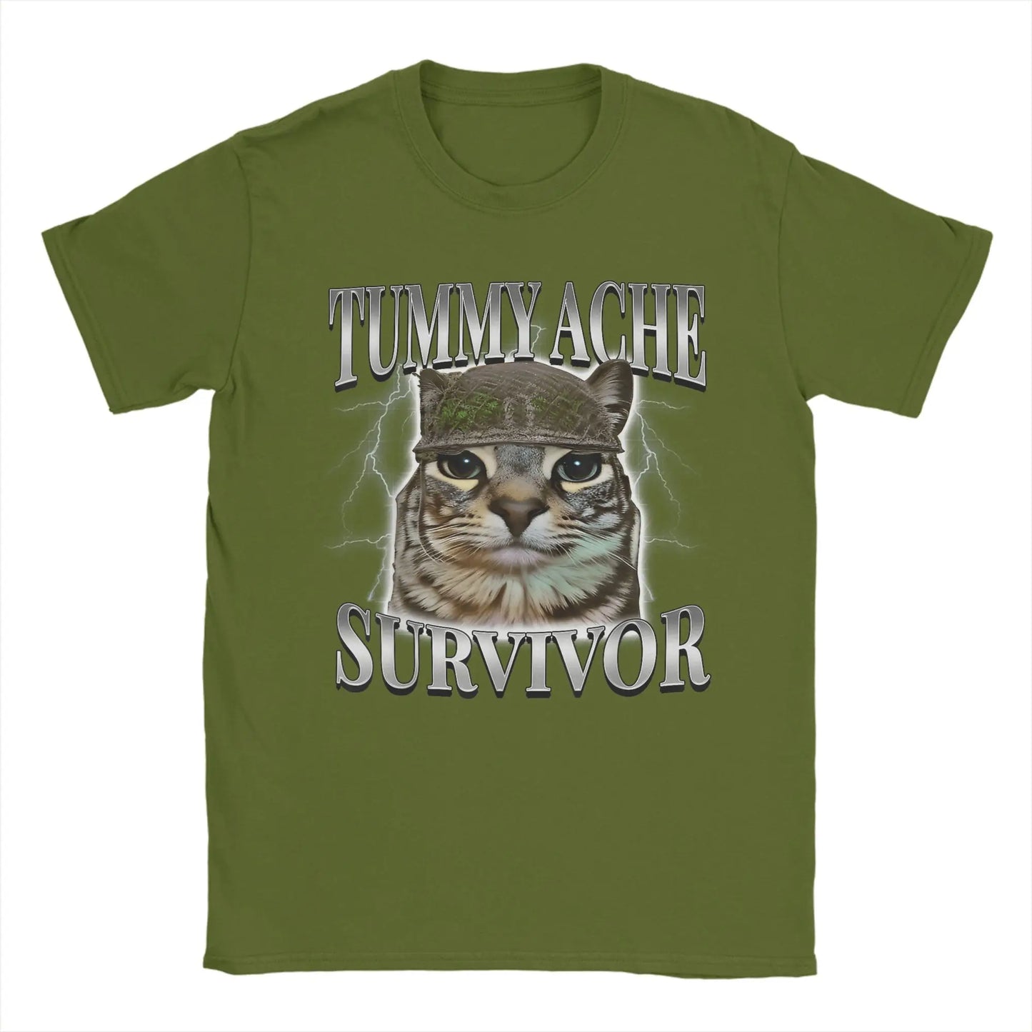 Tummy Ache Survivor Cat Meme Funny Saying Cats Animals T Shirt Summer  Pure Cotton T-Shirts For Men's Trending Casual Tee Shirt