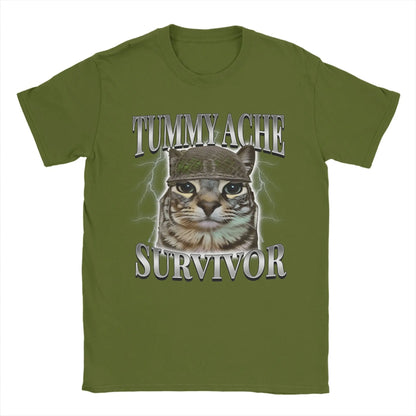 Tummy Ache Survivor Cat Meme Funny Saying Cats Animals T Shirt Summer  Pure Cotton T-Shirts For Men's Trending Casual Tee Shirt