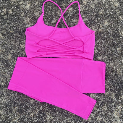 2pcs Gym Leggings Set Yoga Sports Set Women Workout Outfit Fitness Suit Cross Straps Bra High Waist Leggings Running Tracksuit