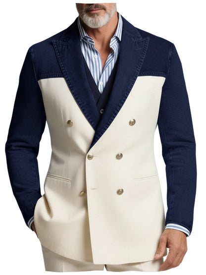 Men's Blazer Denim Sleeve Patchwork Double Breasted Suits Coats Casual Business Fashion Jacket for Spring Autumn Wedding Party