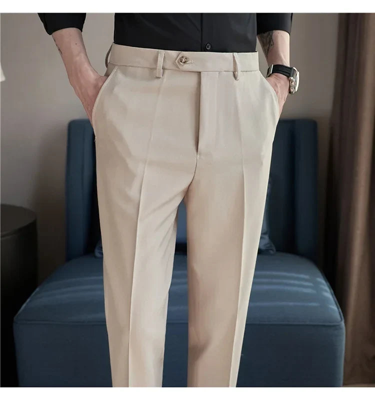 2024 New Men's Slim Fit Tapered Dress Pants Apricot Pearlescent Texture Business Casual Suit Trousers Spring Clothes