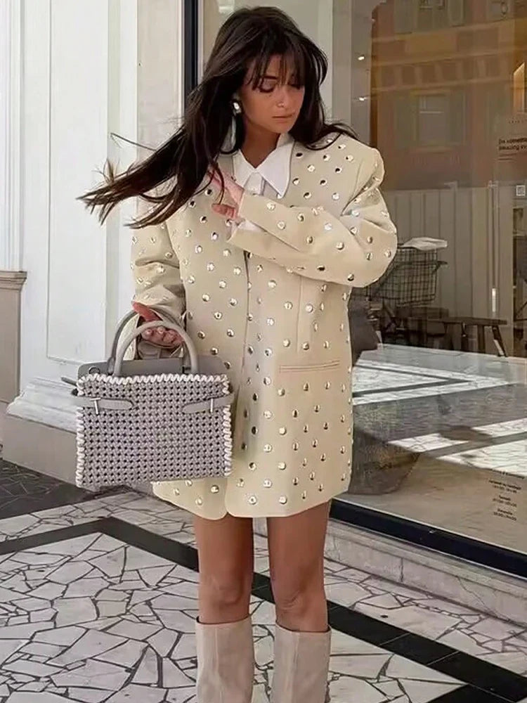 Women's Rivet Decoration Casual Blazer Long Sleeve V Neck Beige Spring Fall Coat