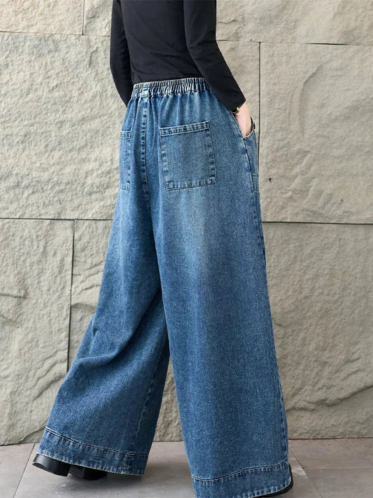 2026 Spring Fashion Classic Denim Pants Ladies Vintage Soild Casual Jeans Women Loose Elastic Waist Wide Leg Trousers