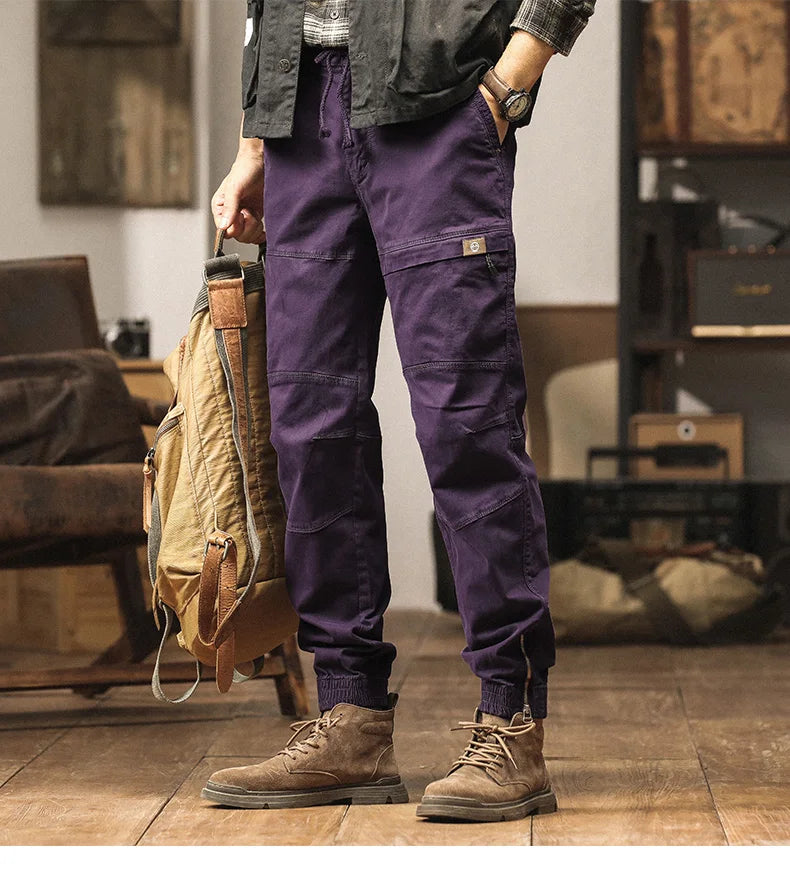 Cotton Men's Cargo Pants Elastic Waist Stretch Trouser Male Multi Pocket Casual Jogger Fit Ankle Length Zipper Purple Drawstring