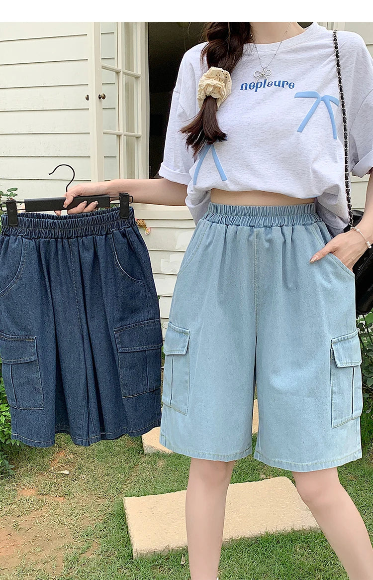 2026 Summer New Women's Denim Shorts Straight Trendy Loose Versatile Dad Shorts Thin Japanese Style Knee-length Pants