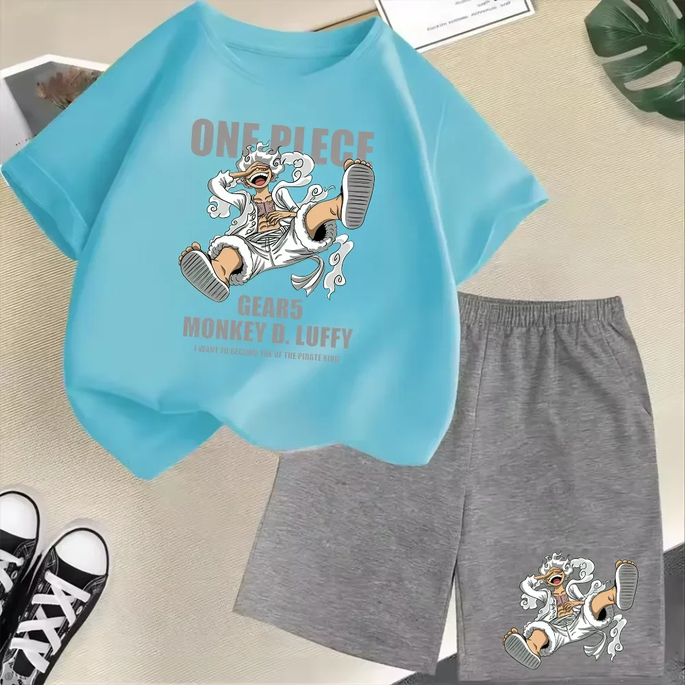 Summer New Cotton Kids T-Shirt Set Luffy Gear 5 One Piece Children Shorts Sport Casual School Outdoor Boys Tracksuit