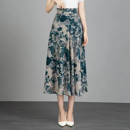 Women's Floral Print Chiffon Maxi Skirt High Waist A-line Casual Summer Skirt