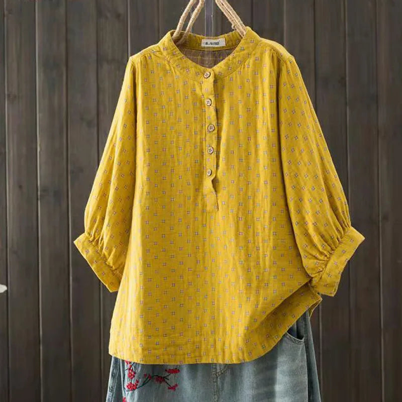 Women's blouse women Japanese cotton yarn print shirts & blouses summer top three-quarter sleeve shirt women's clothing