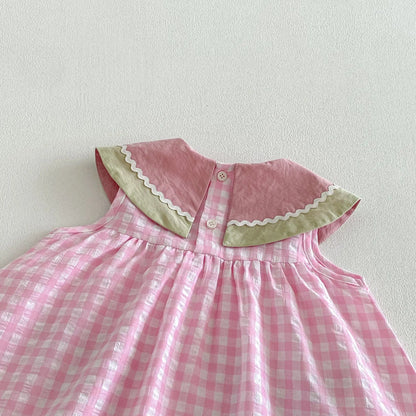 2026 New Summer Sweet Style Kids Dress Pink Watermelon Plaid Dress for Girls Sleeveless Lightweight Children Clothes