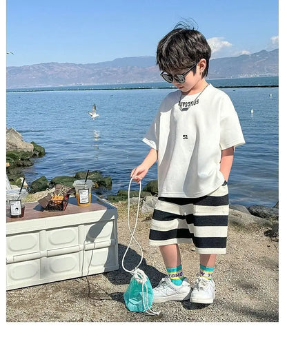 Summer Boys Cotton Leisure White T-Shirt Tops+Contrast Stripes Shorts Pant Set School Kids 2PCS Tracksuit Children Outfit 3-14Yr
