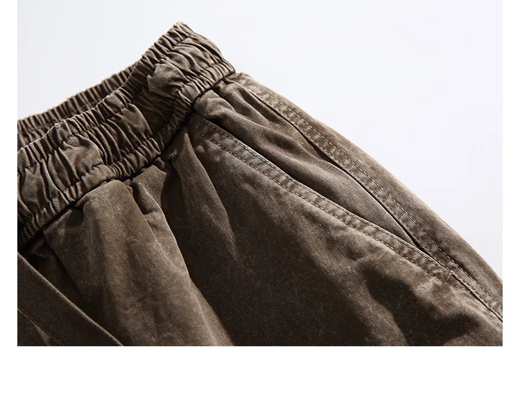 Oversized Baggy Vintage Washed Cargo Pants Men Loose Fit Drawstring Cuffed Retro American Style Streetwear Hip Hop Utility Pants