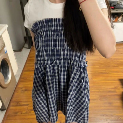 Vintage Plaid Mini Skirt Women Harajuku Aesthetic Patchwork Knee Length Skirts Summer Korean High Waist A Line Faldas New