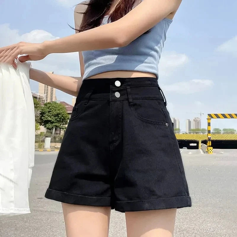 Double-Buckled Straight-Leg Short Jeans Women's Spring/Summer Loose Cuffed Wide-Leg Denim Shorts Trendy Y2K Mini Skirt Cuteore