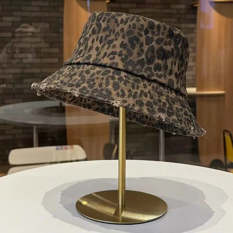 Leopard Print Bucket Hats Women Retro Hole Washed Border Men's Fisherman Hats Seasonal Outdoor Travel Basin Caps Sun Hats