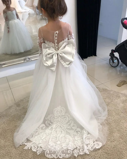 Flower Girl Dresses For Weddings Long Sleeve Lace Tulle Bow Back Children's Elegant Dress vestidos para niñas