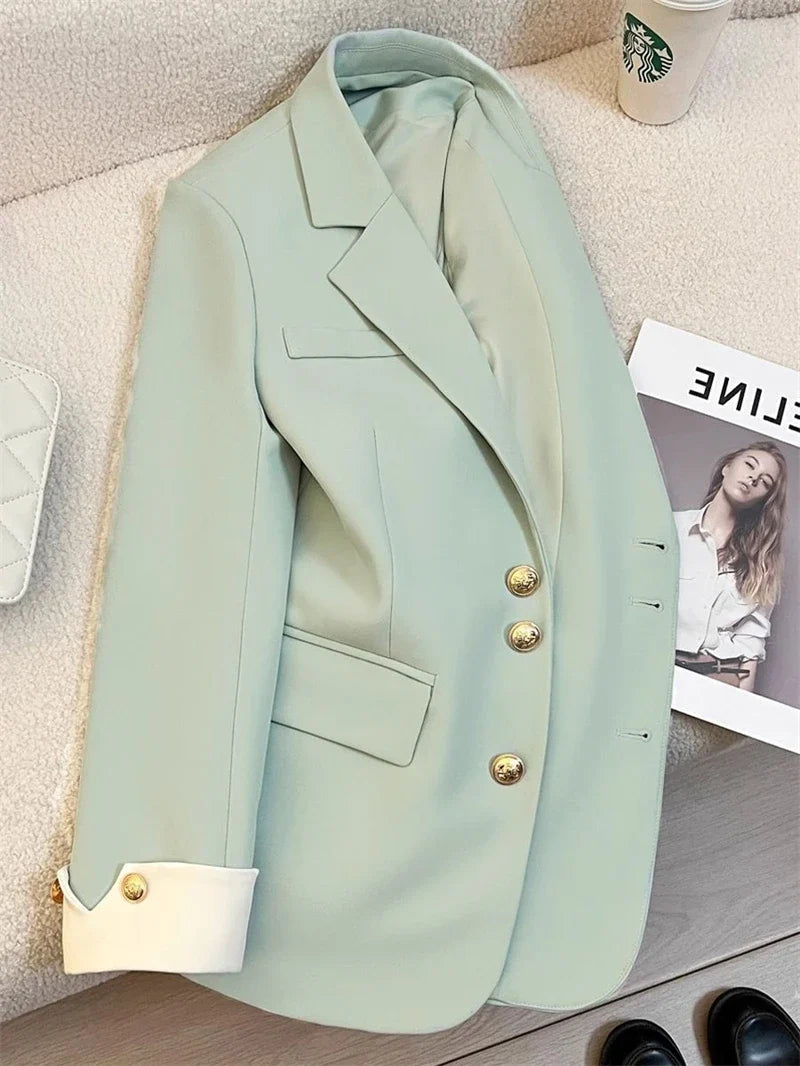 Mint Green Women Blazers 2025 Spring New Jackets Single Breasted Unique Cuff Design Notched Casual Suit Jacket Fashion Lady Coat