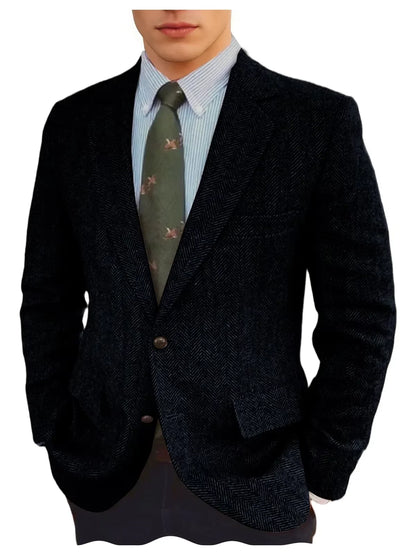 Men's Grey Herringbone Tweed Blazer Classic-Fit Notched Lapel Casual Jacket Slim Fit Business Wedding Suit Coat Plus Size