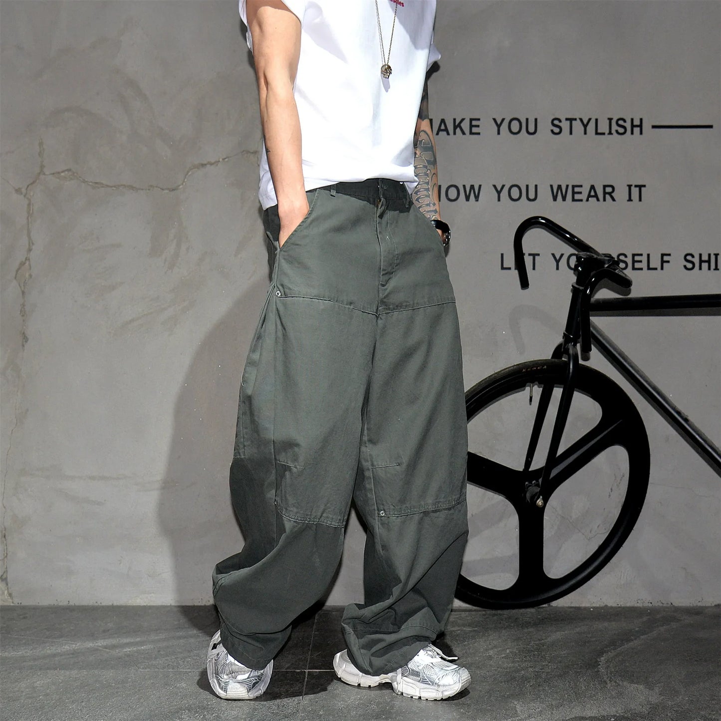 Mens Cargo Pants American Trendy Solid Black Cotton Heavyweight Wide Leg Loose Straight Streetwear Casual High Quality Pants