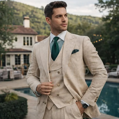 Men Beige Linen 3 Piece Suit Peak Lapel Single Breasted Blazer Vest And Pants Smart Casual Formal Wedding Party Summer Outfit