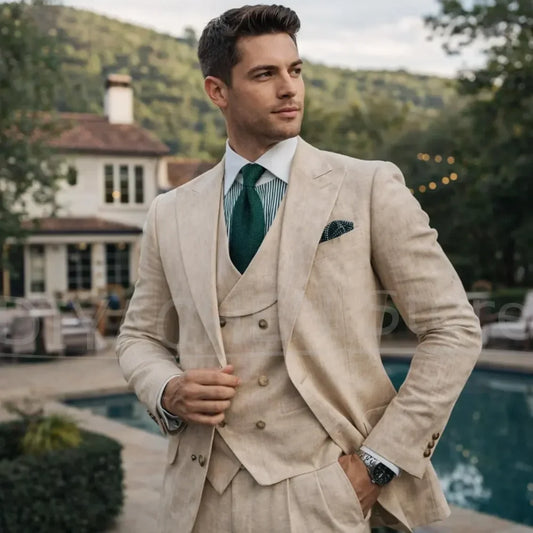 Men Beige Linen 3 Piece Suit Peak Lapel Single Breasted Blazer Vest And Pants Smart Casual Formal Wedding Party Summer Outfit