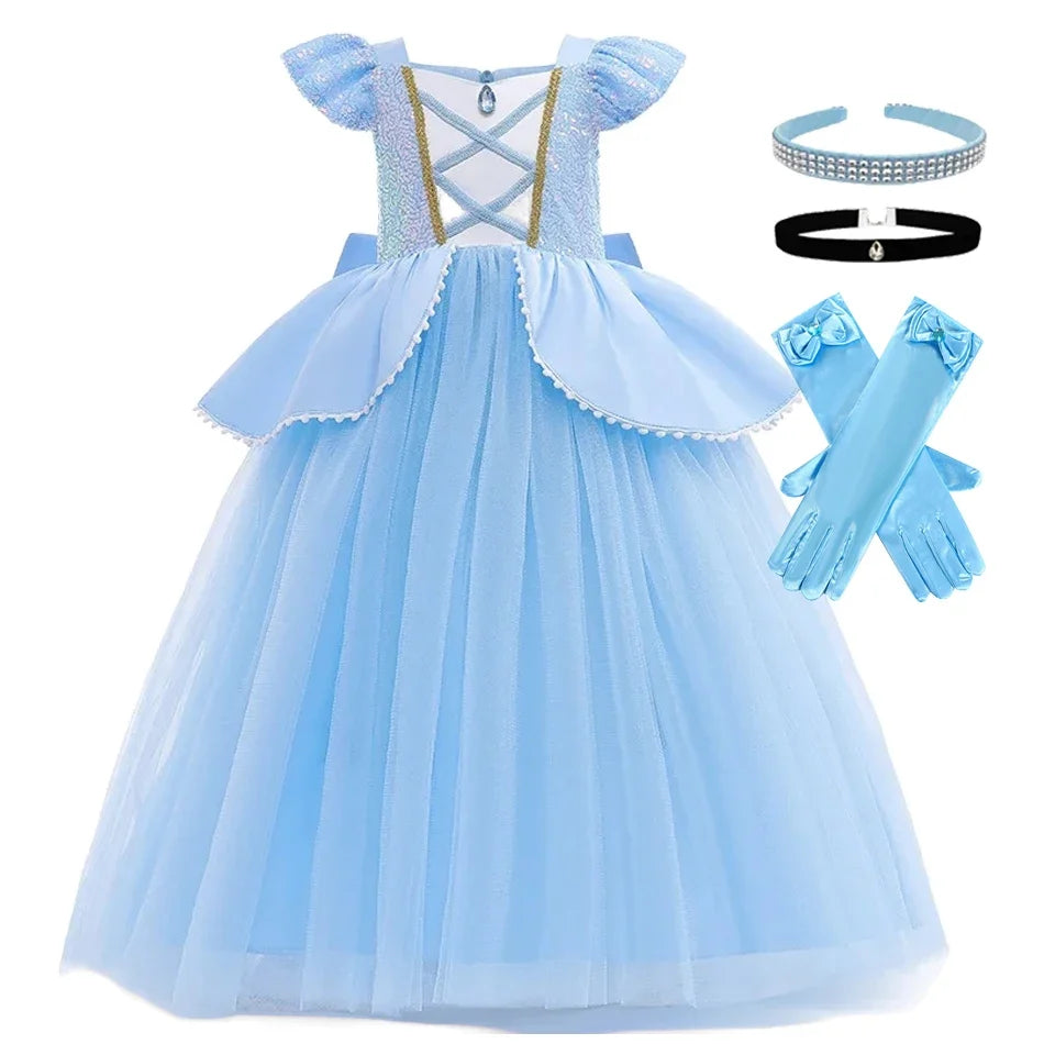 Summer Kids Cinderalla Princess Cosplay Costume Clothes Girls Sequins Dress with Crown Gloves Birthday Party Ball Gown 2-10 Y