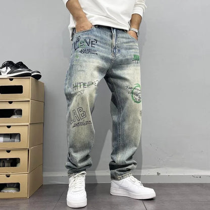Spring and Autumn New Fashion Trend Printed Straight Leg Vintage Denim Pants Men's Casual Loose Sports High Quality Pants 28-36
