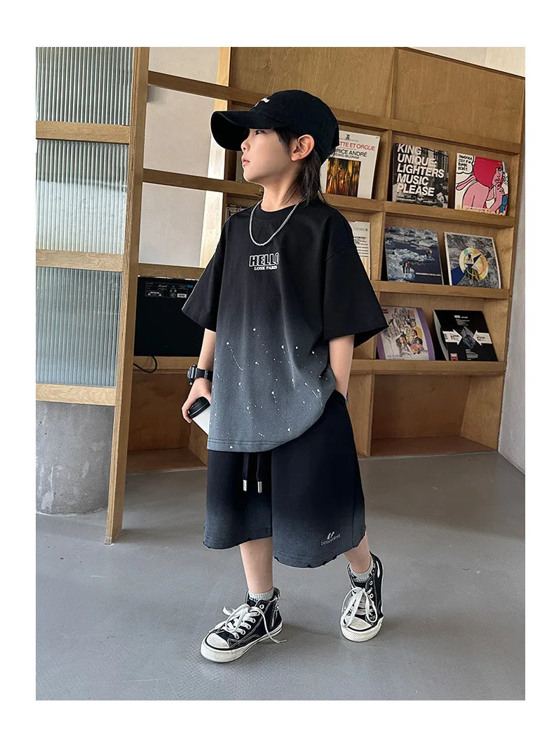 Summer Boys Cotton Leisure Star Print Gradient T-Shirt Top+Shorts Workout Set School Kids 2PCS Tracksuit Children Outfit 5-16 Yr